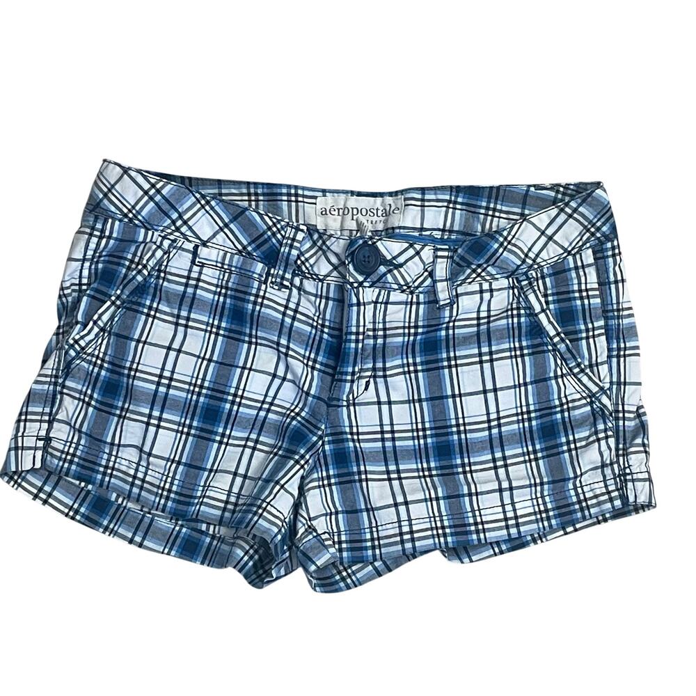 Aeropostale Y2K Stretch Plaid Shorts Sz 7/8 Blue White Low Rise Preppy- Mallcore